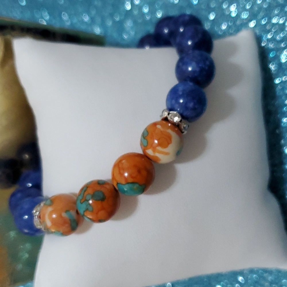 Semi Precious  Lapis Lazuli & Rain Smooth Stones Bracelet